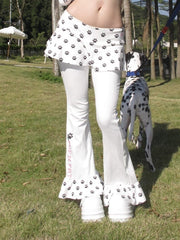 White Low Waist Paw Pattern Skirt Flared Pants