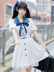 White Sailor Collar Academy Chiffon Dress with Puff Sleeves and Belt