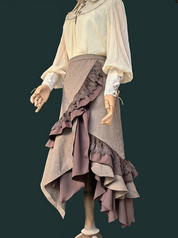 Coffee Asymmetrical Ruffled Steampunk Lolita Skirt with Lace Trim