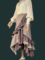 Coffee Asymmetrical Ruffled Steampunk Lolita Skirt with Lace Trim