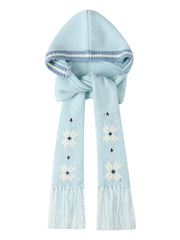 Light Blue Snowflake Knit Hooded Scarf with Fringe Tassel Edging