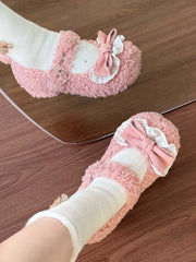 Pink Sweet Lolita Plush Mary Jane Shoes with Pom-Pom Tail Design & Bow Decor