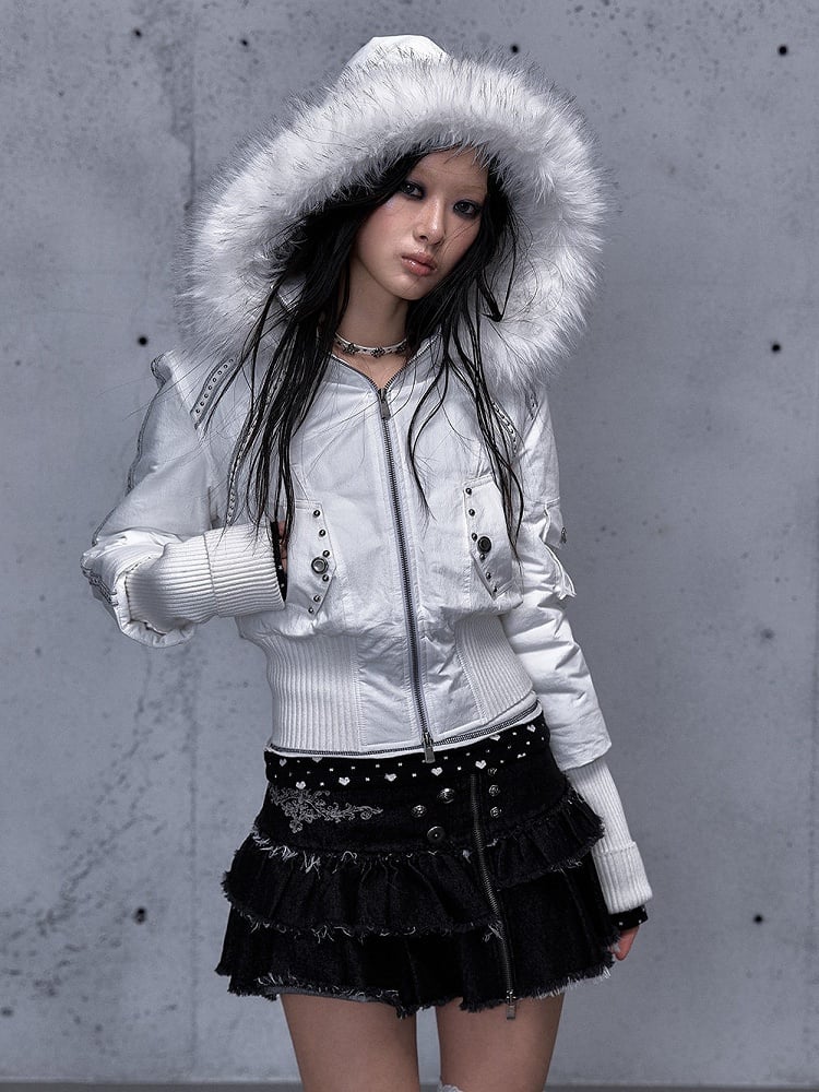 White Wasteland Punk Hoodie Jacket with Knitted Sleeves & Two-Way Zip Placket
