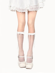 White Polka-dot Pattern Semi-Sheer Wide Cuff Calf Socks with Bowknot Accents