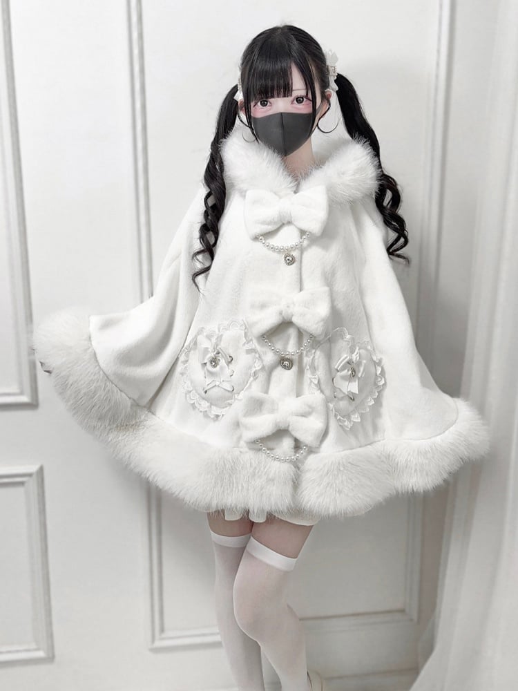 White Furry Jirai Kei Hooded Cape with Bow & Bead Chain Decor