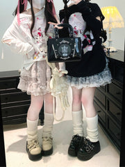 Yami Kawaii Cartoon Print Patchwork Sleeves Black/White Jirai Kei Top