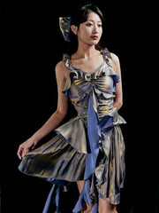 Purple Ruched Design Flounce Hem Vintage Dress