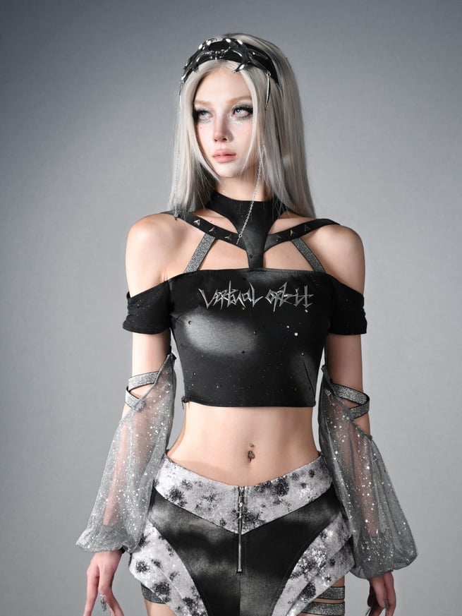 Y3K Fashion Futuristic Black Halter Neck Cyberpunk  Cropped Top with Detachable Sleeves