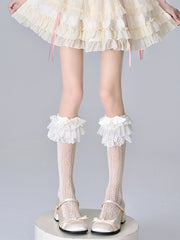 White Multi-layer Lace Trim Bow Decorated Lolita Calf Socks
