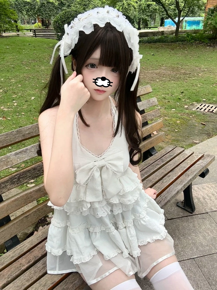 White Soft & Innocent Mini Halter Dress with Empire Waist & Tiered Lace Trim