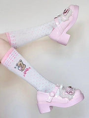 Pink Bear Hug Strawberry Print Bowknot Polka-dot Pattern Lolita Calf Socks