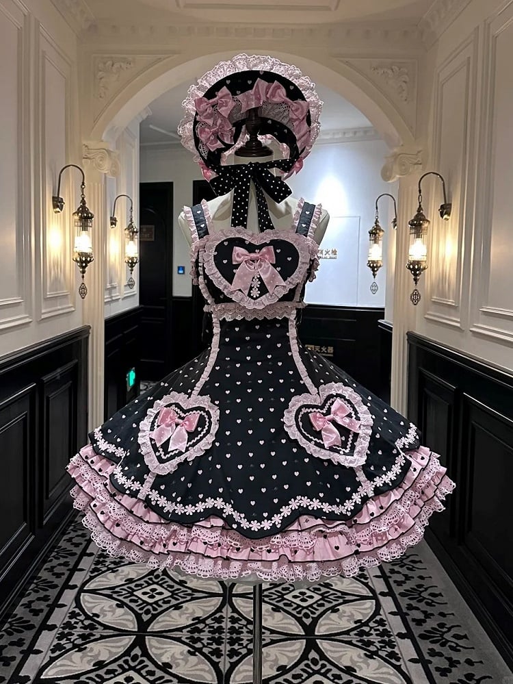 Black Lace-Trimmed Sweet Lolita Dress with Pink Heart Motifs and Bows