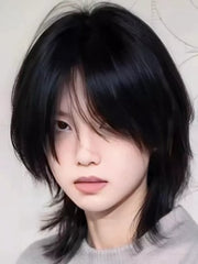 Ouji Style 45CM Black Short Straight Wig with Curtain Bangs