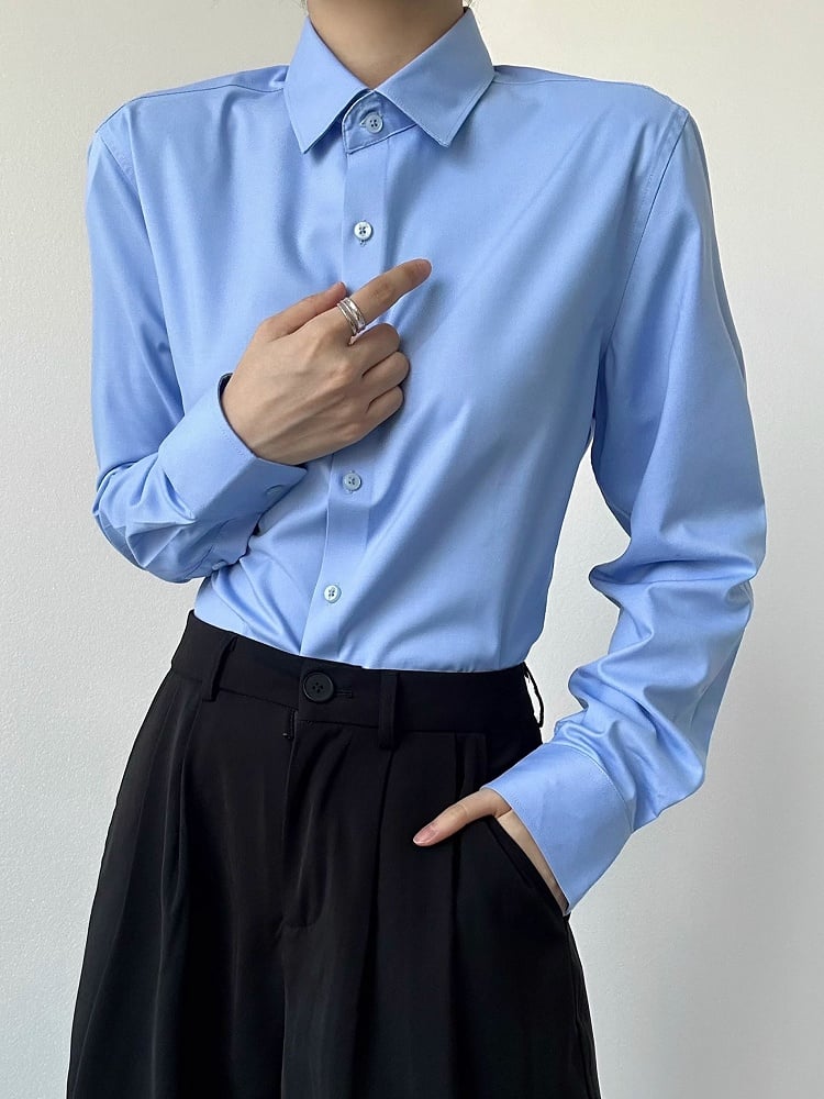 Ouji Lolita Light Blue Unisex Modal Long Sleeve Shirt with Pointed Flat Collar & Button Cuffs