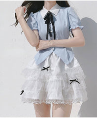 Sweet Blue Striped Puff Sleeves Shirt