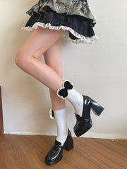 White/Light Gray Lace Trim Decorated Velvet Bow Socks