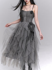 Gothic Gray Tulle Slip Dress with Rose Accents & Cascading Ruffles
