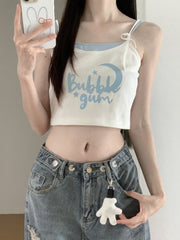 White and Blue Faux Two-Pieces Cropped Cami Top