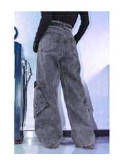 Gray Vintage Distressed Wide-Leg Jeans with Asymmetrical Pockets