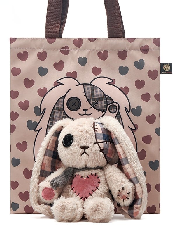 Khaki Guro Kawaii One-Eyed Bunny Plush with A Canvas Bag