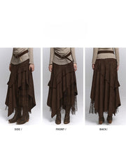 Millard Coffee Suede Wasteland Punk A-Line Skirt with Handkerchief Hem & Fringe Hem