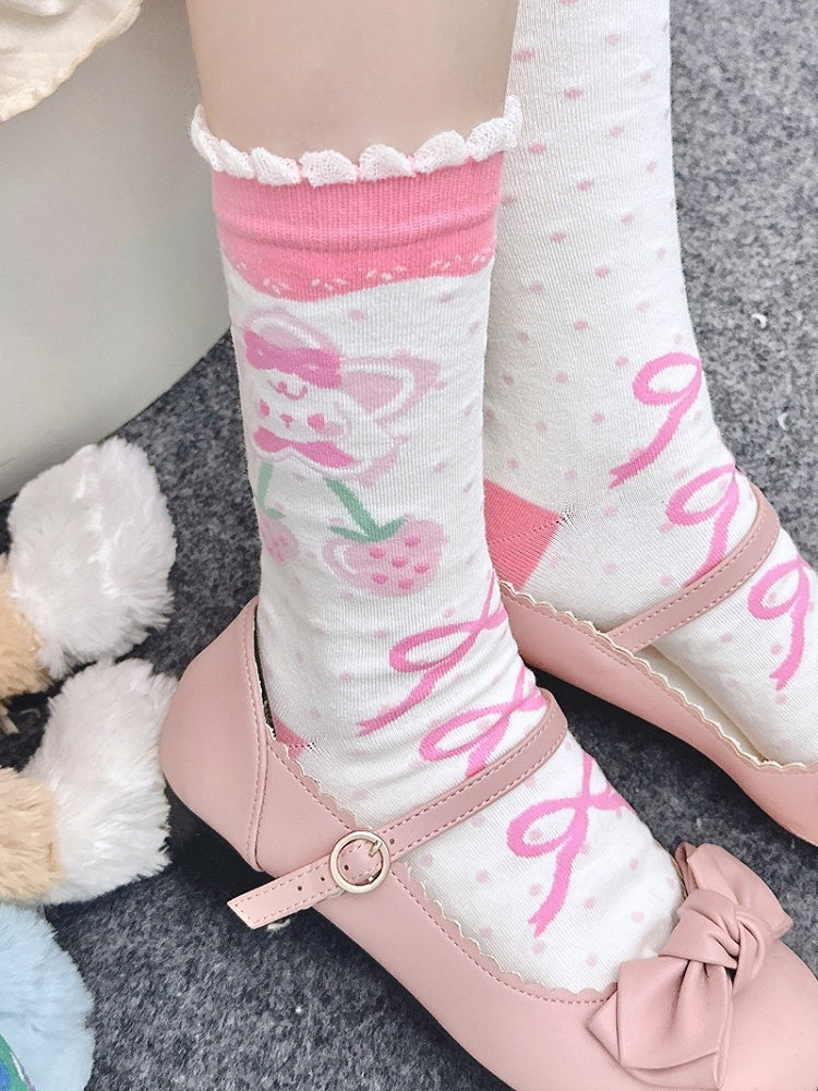 White/Pink Bowknot Puppy Strawberry Pattern Calf Socks