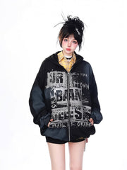 Y2K Red/Black Hoodie Jacket with Letter Print & Tie Dye Design