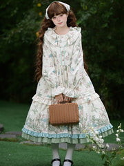 Natural Kei Floral and Bird Print Lolita Long Sleeves Dress with Waist Belt