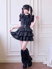 Idol-Inspired Jirai Kei Overalls: Black & White Plaid, Layered Skirt and Detachable Straps