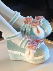 Sweet Green & Pink Mary Jane Shoes - Cozy Plush Interior with Rabbit Ear Bow & Lace Edging
