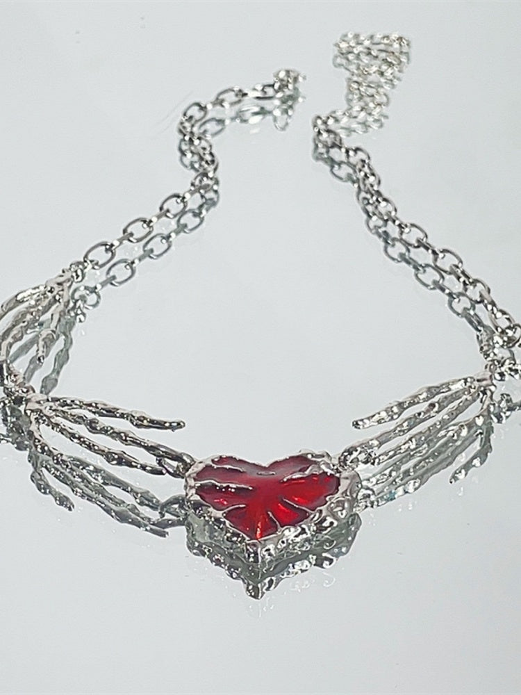 Red Sweetheart Pendant Skeleton Claw Punk Necklace