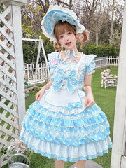 White Polka Dots Blue Square Neckline Lolita Short Sleeves Dress with Apron