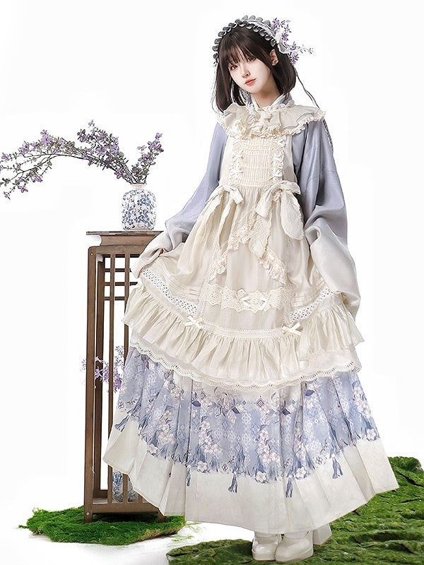 White & Purple Floral Print Ruffled Lolita Skirt + Cross-Collar Top + Beige Lace Trimmed Apron Set