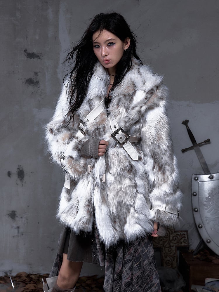 Punk Ivory & Light Brown Faux Fur Coat with PU Buckle Straps & Wide Lapel