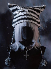 Heart Buckles Gothic Black and White Striped Knitted Hat with Chain