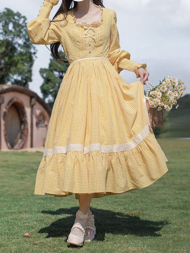 Yellow Plaid Bishop Sleeves One Piece High Waist Sweet Lolita Dress