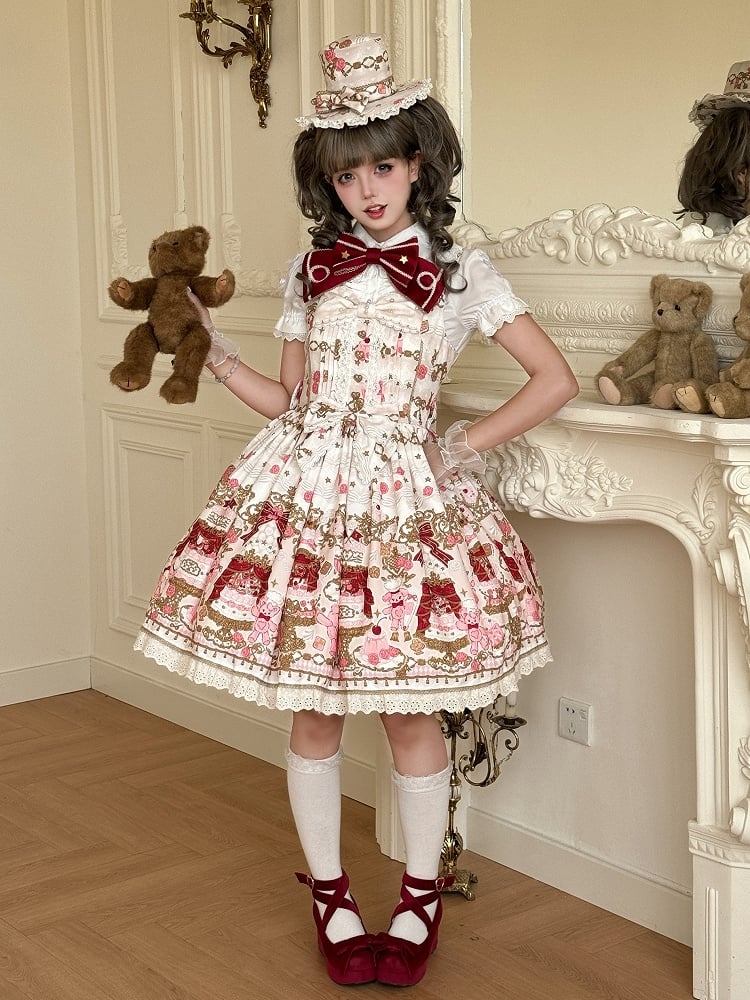 Beige Cake and Bear Print Sweet Lolita JSK Dress with Lace Trim and Bow Details