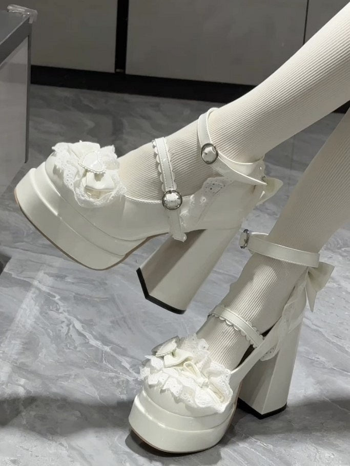 White Sweet Lolita Platform High Block Heel Mary Jane Shoes with Bow Accents and Lace Trim