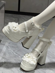 White Sweet Lolita Platform High Block Heel Mary Jane Shoes with Bow Accents and Lace Trim