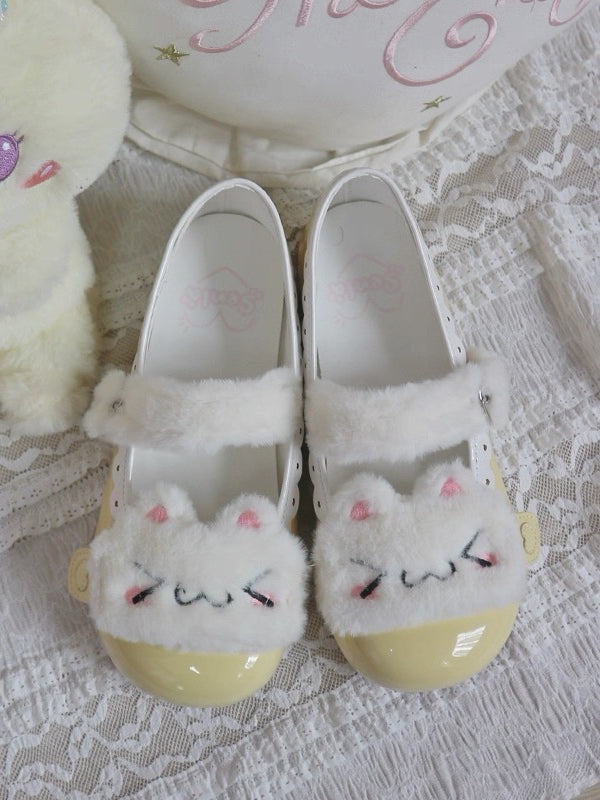 White Kitty Plushie & Snap Button Design Yellow Sweet PU Flat Shoes