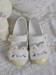 White Kitty Plushie & Snap Button Design Yellow Sweet PU Flat Shoes