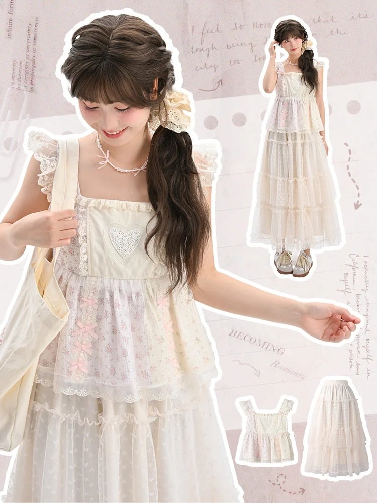 Pink Flutter Sleeve Bowknot Details Ruffled Lace Trim Floral Tank Top