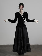 Urban Goth Black & White V-Neck Asymmetrical-Button Velvet Cardigan