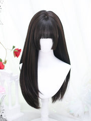 Hime Cut Black-brown Long Straight Synthetic Wig