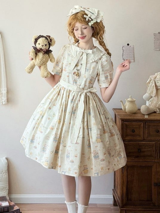 Long Version Beige Bear Print Short Sleeves Sweet Lolita Dress