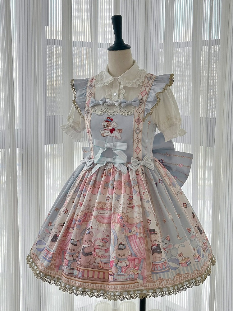 Blue Puppy Embroidery Sweet Lolita Dress Bunny and Bear Print JSK