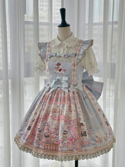 Blue Puppy Embroidery Sweet Lolita Dress Bunny and Bear Print JSK