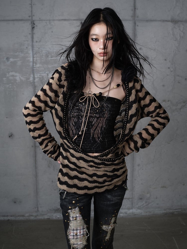 Black & Brown Striped Deconstructed Knit Top & Wing Print Bustier Set