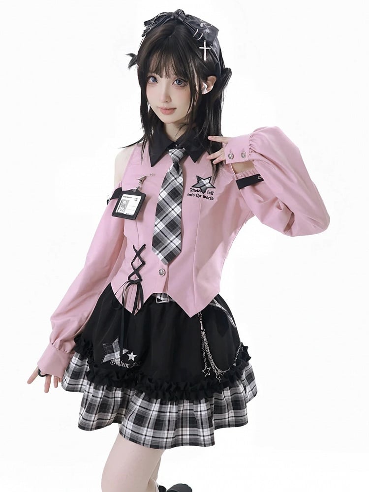 Idol Punk Black Plaid Tiered Skirt with Detachable Waist Belt & Chain