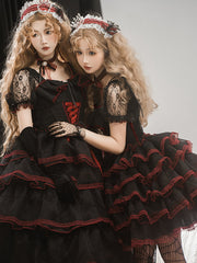 Plus Size Friendly Black and Red Corset Waist Princess Prom Dress Floor Length Tiered Lace Skirt